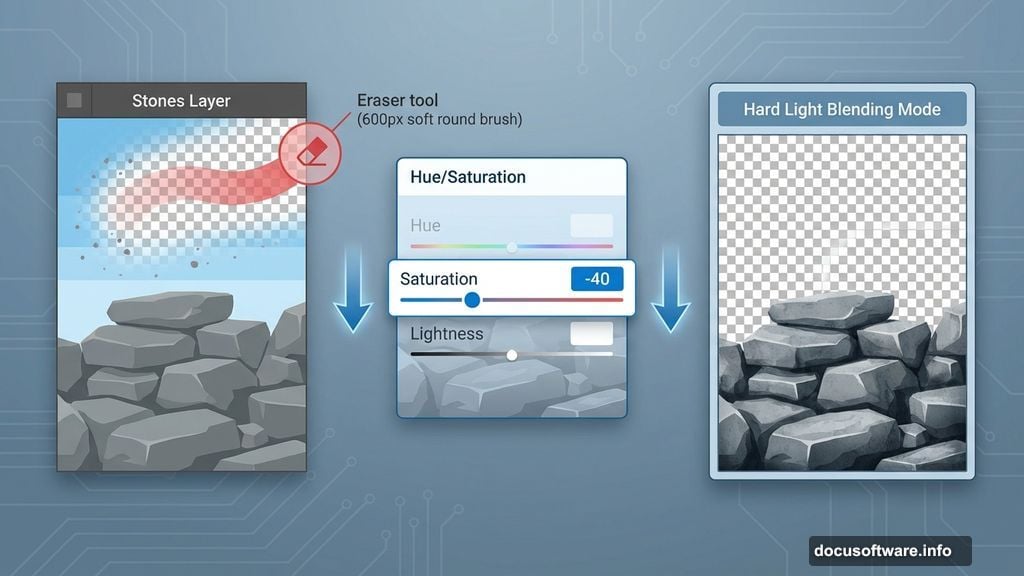 Eraser tool and Hard Light blending mode refine rocks layer