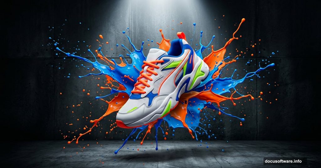 Sneaker exploding from colorful paint splashes in Photoshop composite