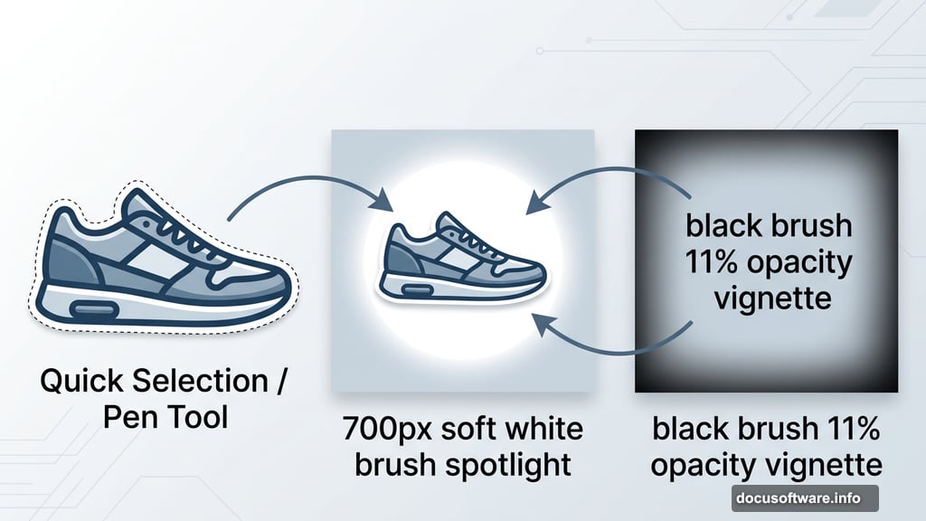 Sneaker placed on white spotlight with dark vignette edges for depth