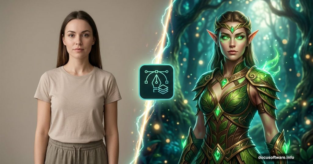 Human portrait transforming into fantasy elf warrior using Photoshop