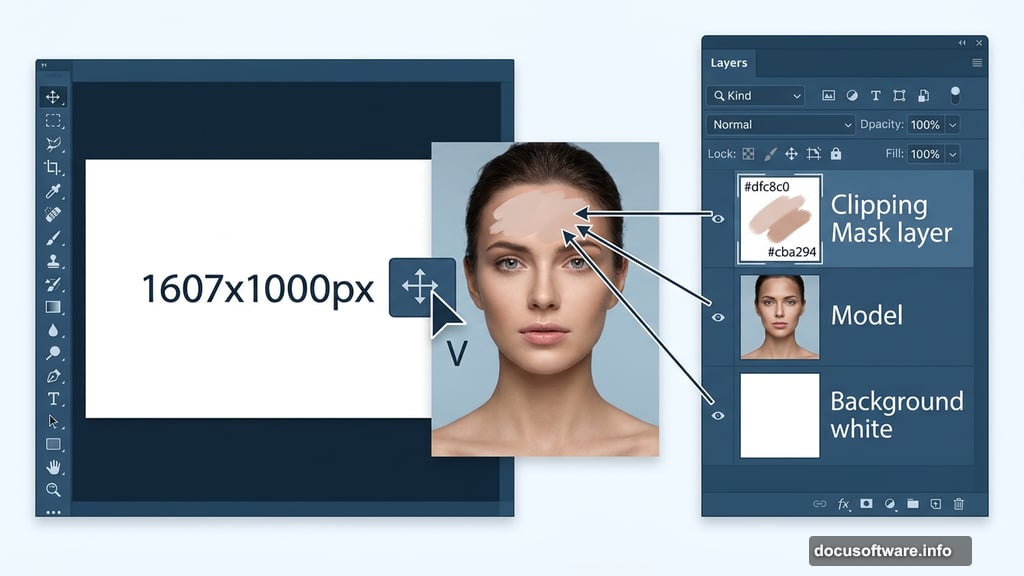 Retouching forehead and removing headpiece using Photoshop clipping mask