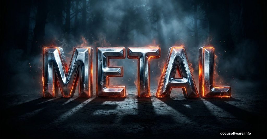 Bold chrome metal text effect glowing against dark atmospheric forest background