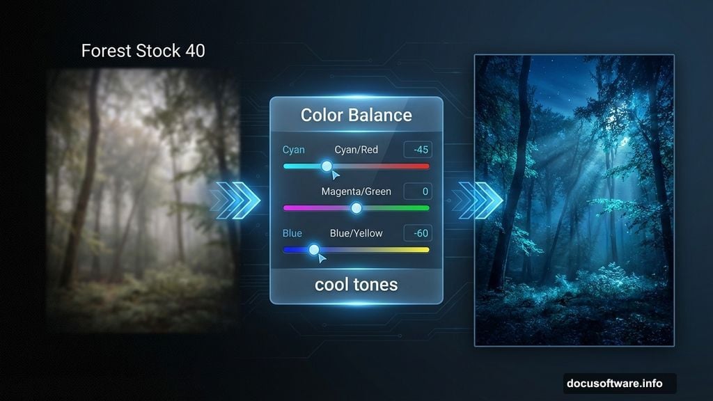 Placing forest stock image and applying Color Balance for cool dramatic tones