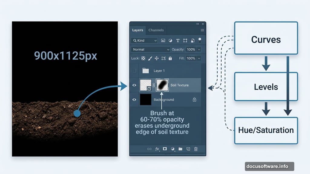 Curves, Levels, and Hue/Saturation adjustment layers building underground soil scene