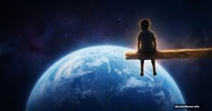 Boy sitting on beam above glowing Earth in surreal space composite