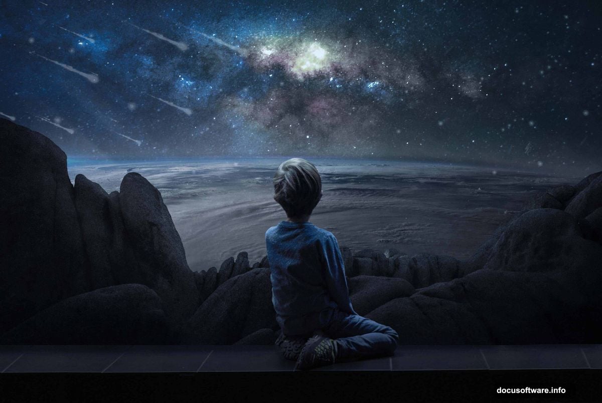 Boy sitting on a beam above a glowing Earth in space