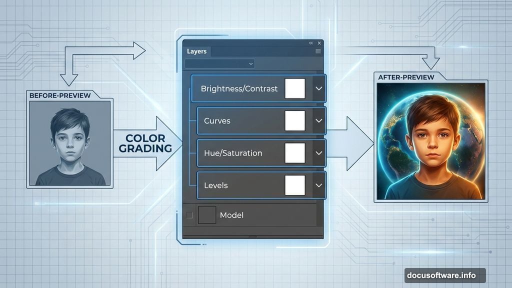 Levels Hue Saturation Curves Brightness Contrast adjustment layers stacked above model