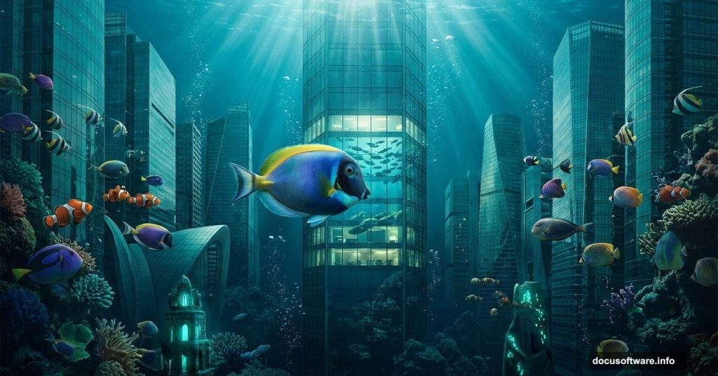 Surreal city skyline underwater with colorful fish swimming through streets