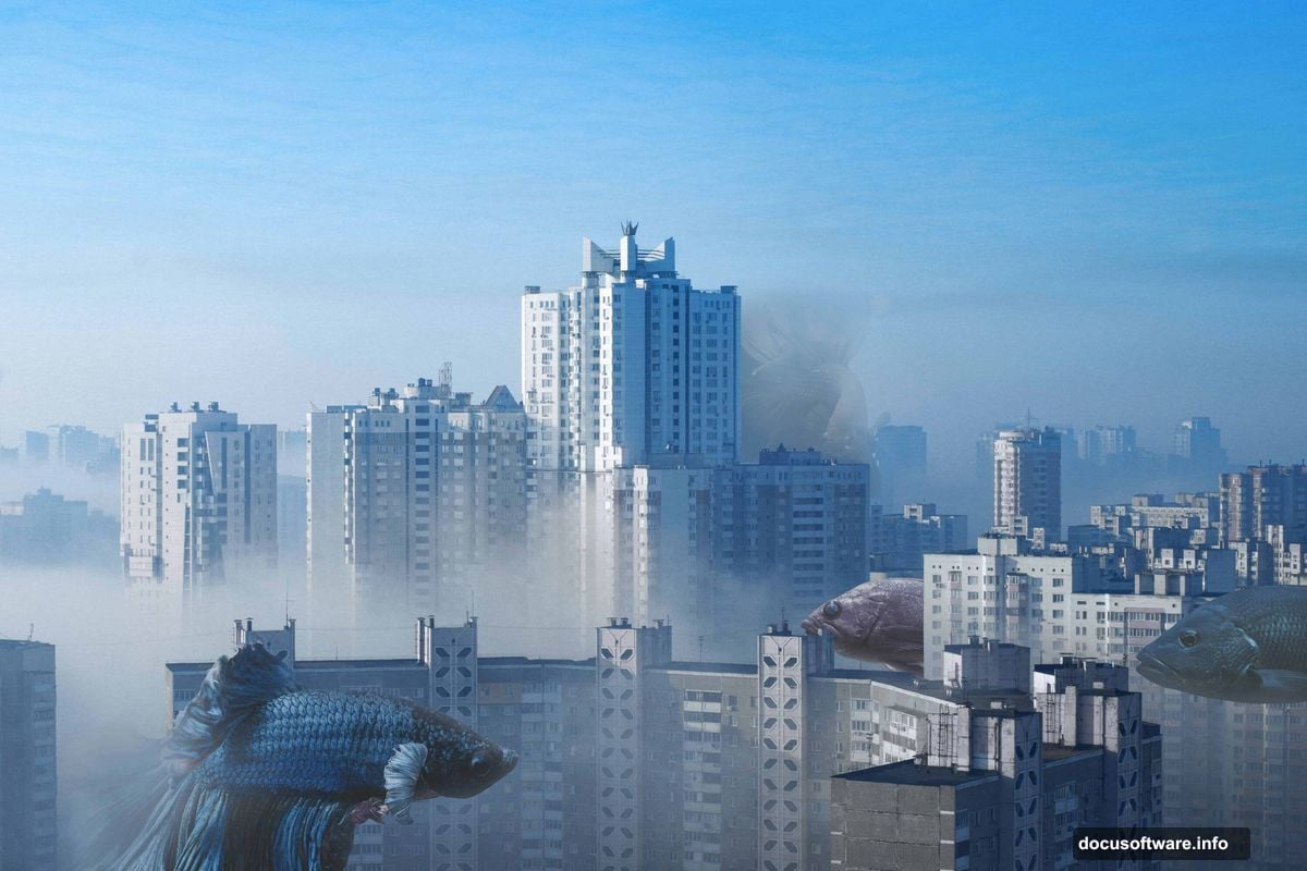 City background transformed into underwater world with dreamy atmosphere