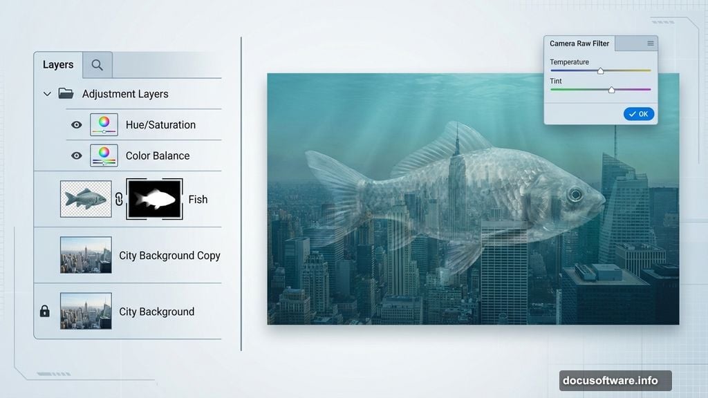 Adjustment Layers and underwater overlay blending fish into city