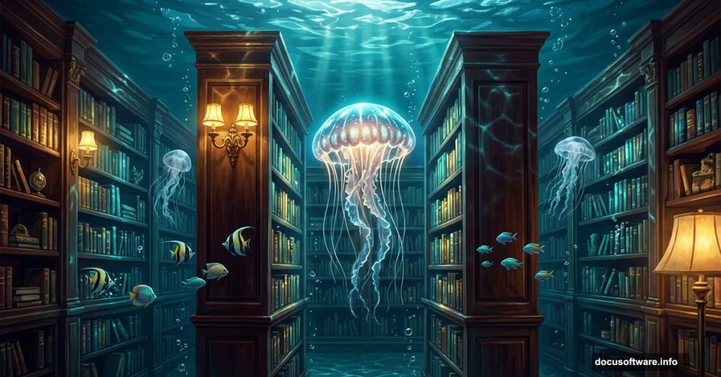 Surreal library interior transformed into a glowing underwater jellyfish aquarium