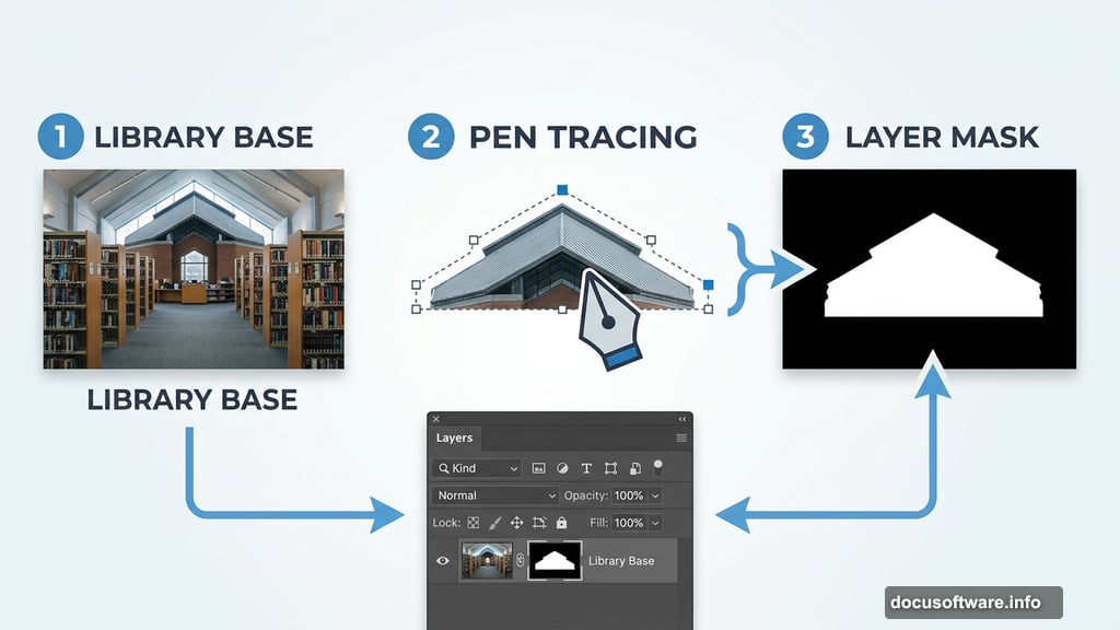 Pen Tool traces library roof area to create a layer mask