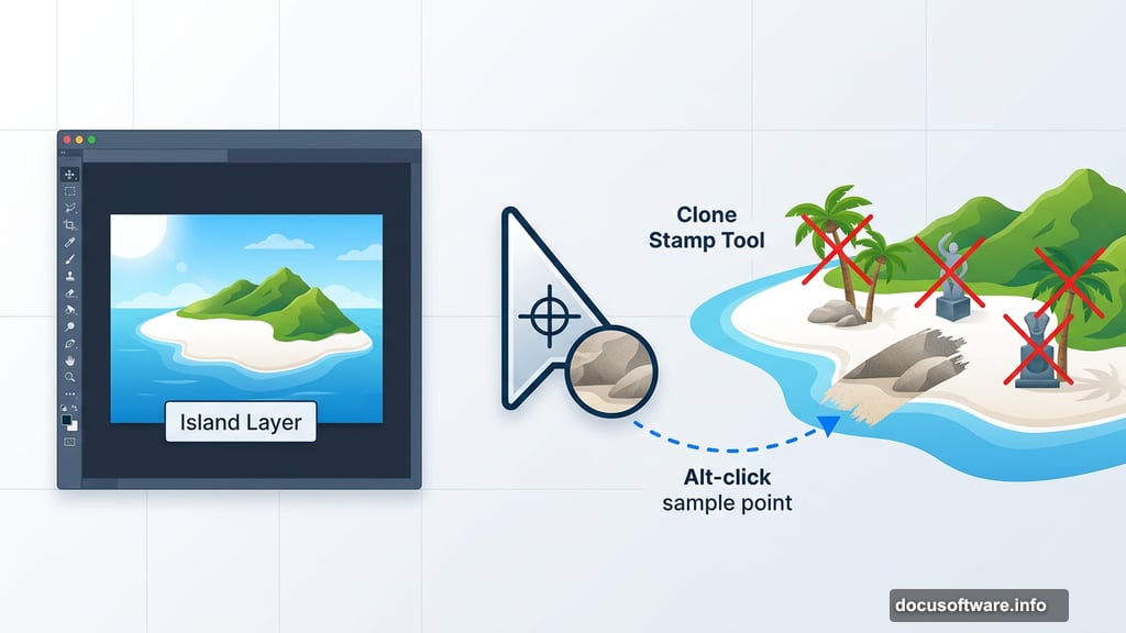 Clone Stamp Tool removes unwanted palms and sculptures from island layer