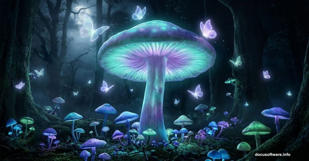 Giant glowing bioluminescent mushroom in surreal dark enchanted forest