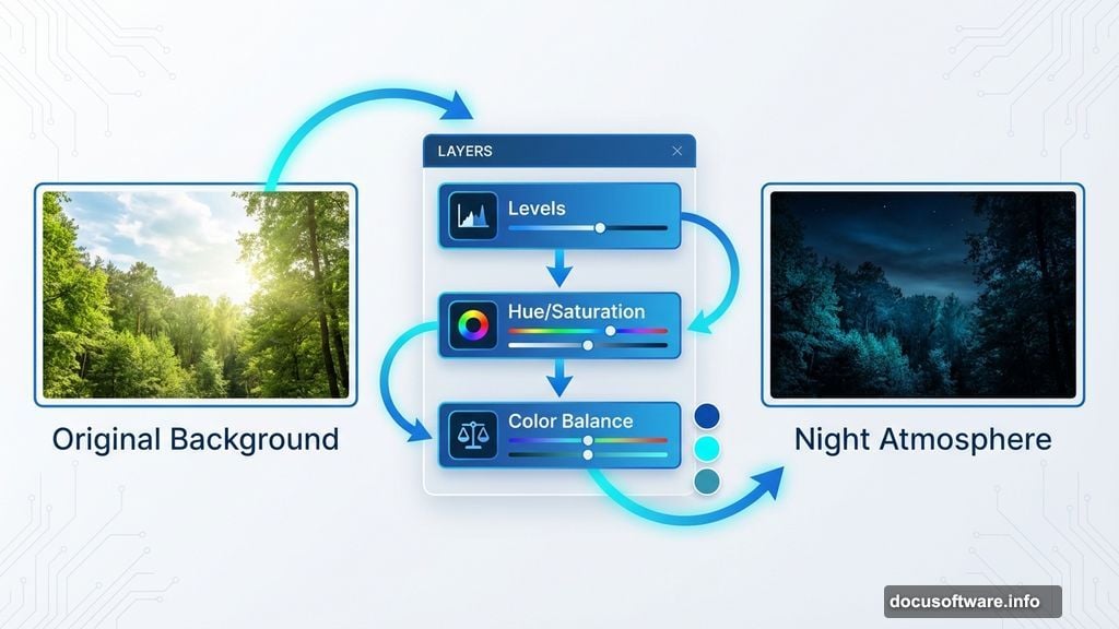 Three Photoshop adjustment layers transform daytime scene into night atmosphere