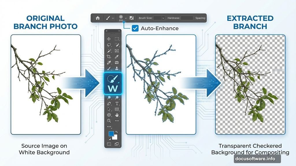 Quick Selection Tool with Auto-Enhance extracts branch onto transparent background