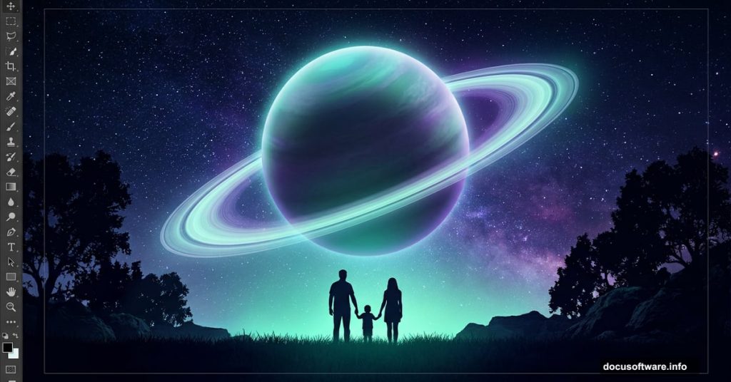 Surreal Photoshop planet scene with glowing sky and silhouetted family