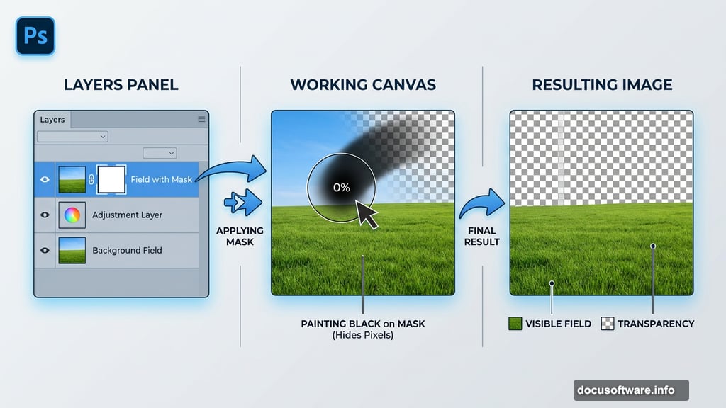 Painting black on layer mask hides field photo sky in Photoshop