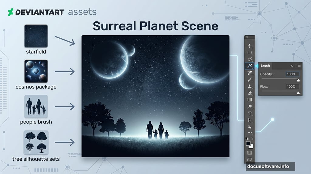Surreal night scene with silhouetted family glowing field and planets