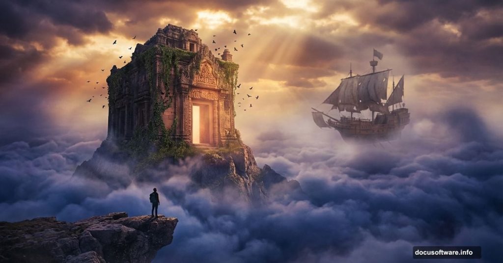 Surreal floating stone temple above clouds with lone climber silhouette