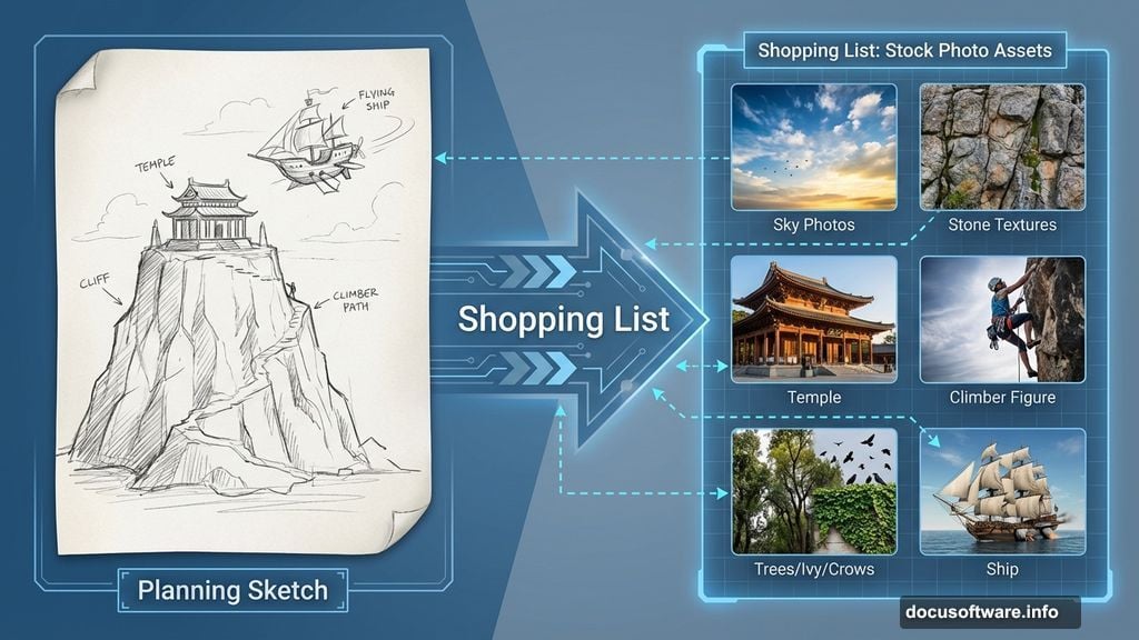 Hand-drawn sketch becomes a shopping list for Photoshop stock photos
