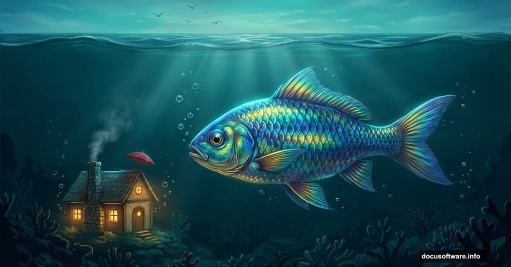 Giant fish swimming past tiny house in surreal underwater Photoshop scene