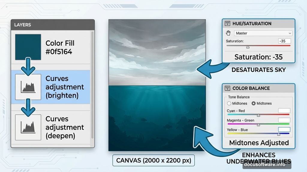 Photoshop canvas split into desaturated sky and deep teal underwater environment