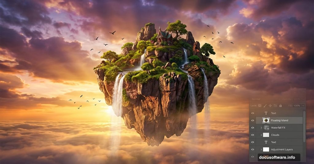 Avatar-style floating island at sunset built in Photoshop