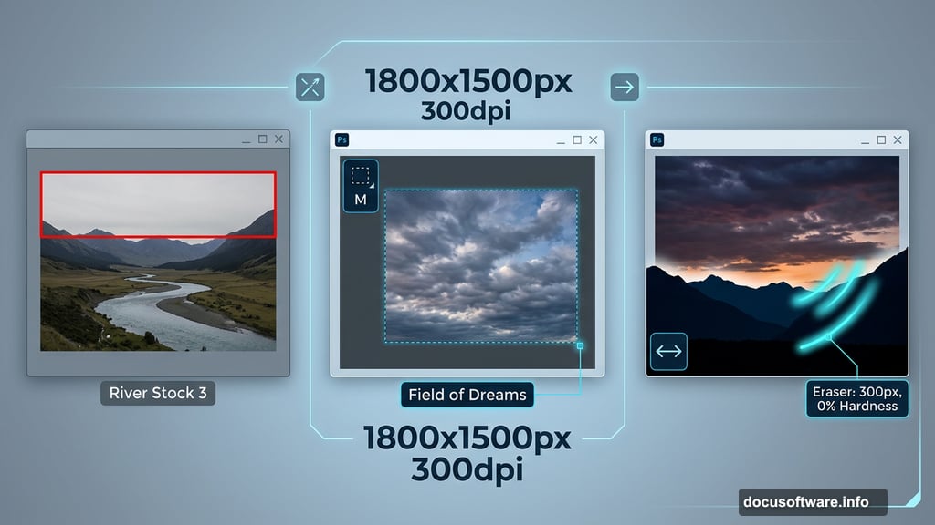 Swapping dull river sky with dramatic Field of Dreams clouds in Photoshop