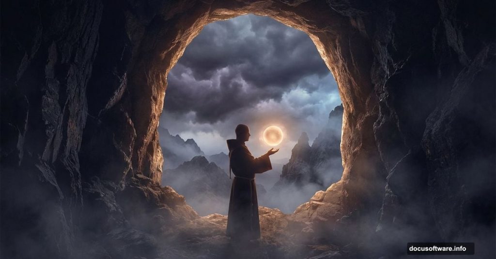 Monk inside dramatic cave holding glowing floating sphere in Photoshop