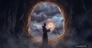 Monk inside dramatic cave holding glowing floating sphere in Photoshop