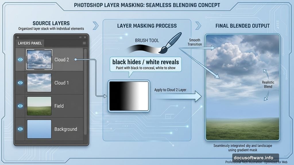 Layer masks blend two sky photos into seamless atmospheric Photoshop background