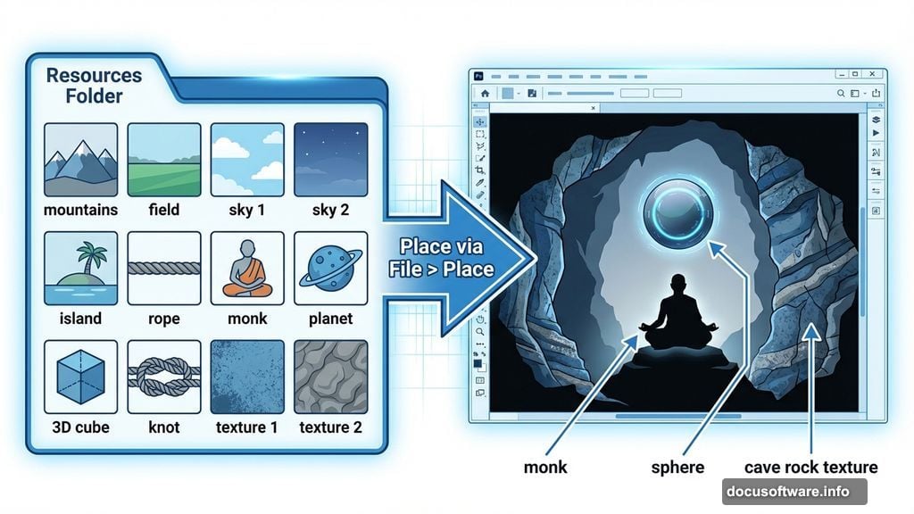 Stock images organized in folder placed into Photoshop monk cave scene