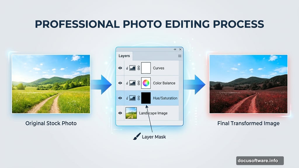 Hue/Saturation, Color Balance, and Curves adjustment layers transform landscape mood
