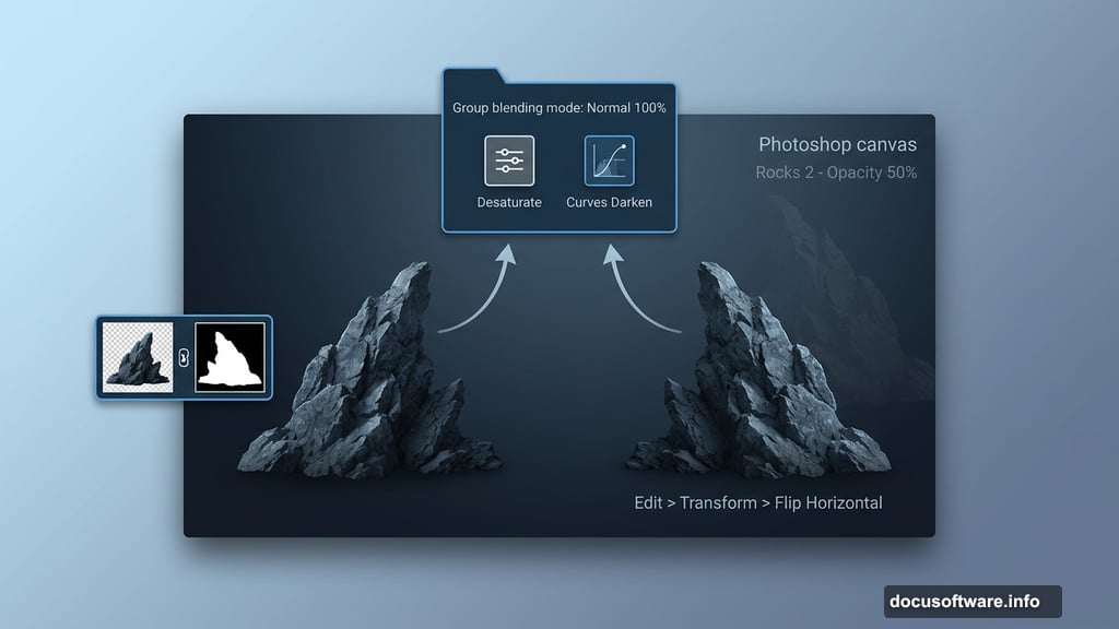 Rock formations grouped in Photoshop with desaturate and Curves darkening layers