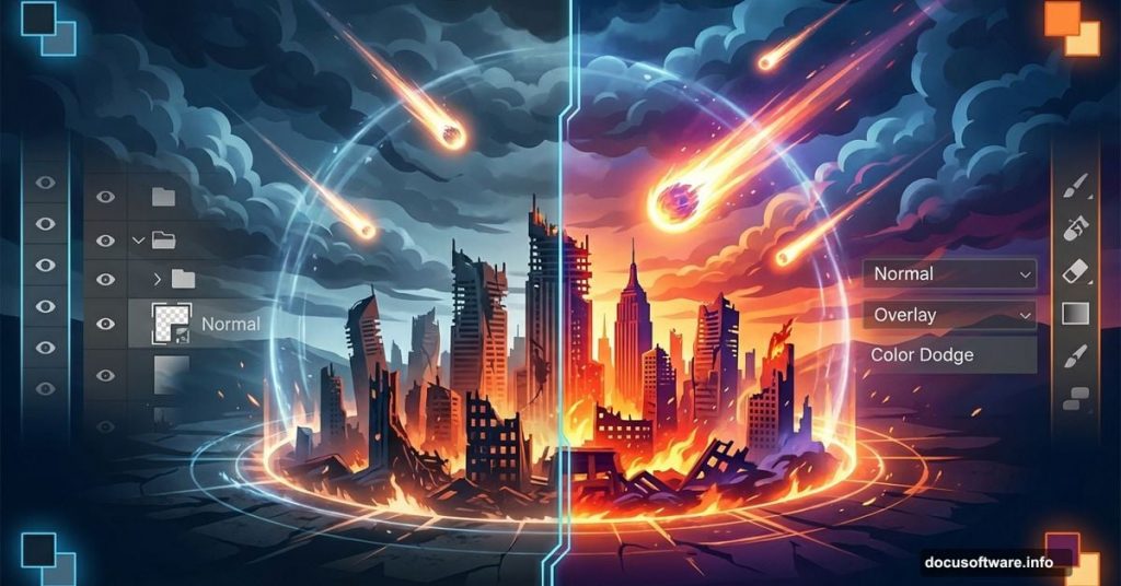 Cinematic apocalypse cityscape with falling meteors and Photoshop editing elements