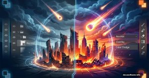 Cinematic apocalypse cityscape with falling meteors and Photoshop editing elements