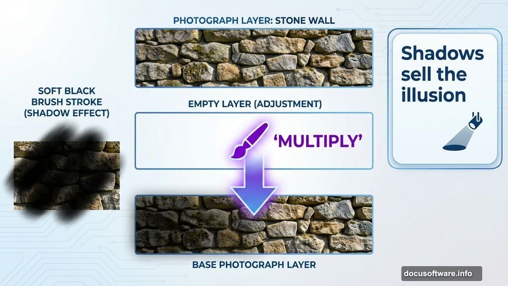 Create believable shadows using Multiply blend mode with soft brush