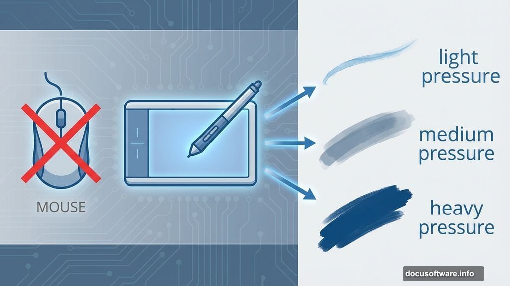Graphics tablet pressure sensitivity controls paint flow and stroke thickness
