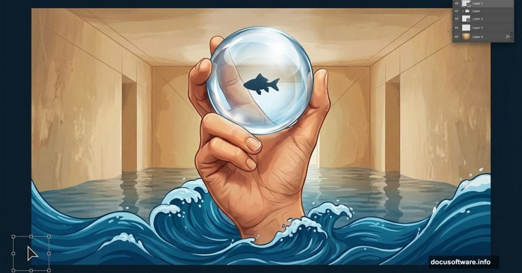 Giant hand holding glass sphere with fish in flooded room