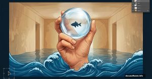 Giant hand holding glass sphere with fish in flooded room
