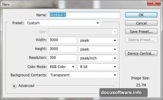 Canvas settings with three thousand pixels width and height resolution