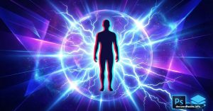 Photoshop composite tutorial featuring 3D portrait with lightning and glowing spheres