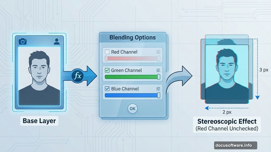 Uncheck Red channel in Blend If to create stereoscopic 3D effect