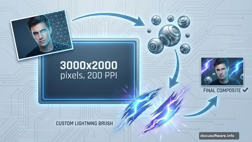 Building dramatic composite with portrait, spherical elements, and custom lightning brushes