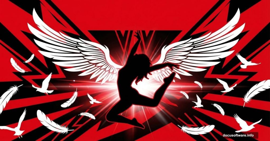 Dynamic street dancer silhouette with wings on bold red and black poster