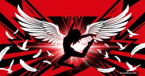 Dynamic street dancer silhouette with wings on bold red and black poster