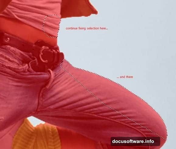 Quick Mask mode and Polygonal Lasso tool refining dancer selection edges