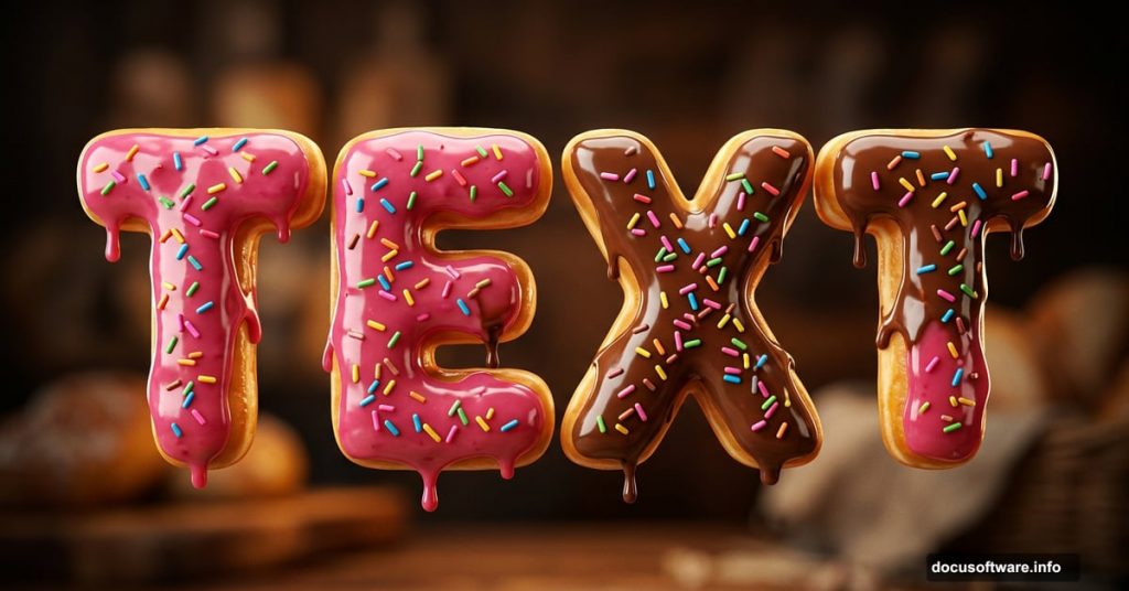 Bold chunky letters with glossy pink donut glaze and sprinkles