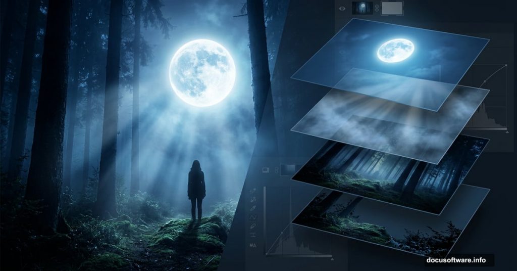 Fantasy moonlit forest scene built layer by layer in Photoshop